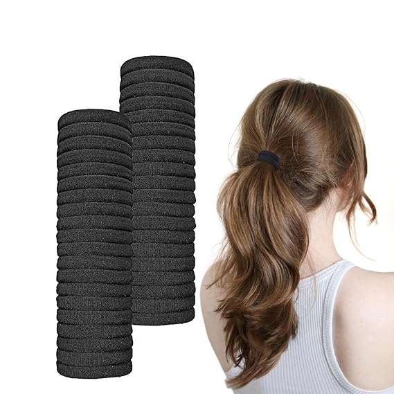 Black Hair Ties No Damage No Pull 100PCS Extra Thick Elastics Hair Bands Large Ponytail Holders for Women Girls Thick Heavy Curly Hair