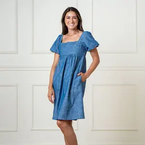 Organic Ruched Chambray Dress