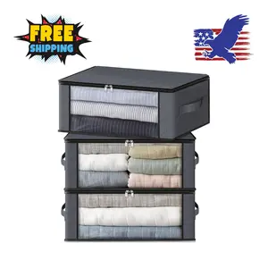 Storage 3-Pack Clothes Organizer Storage Bags Foldable Storage Box with Large Clear Window, 35L, Gray