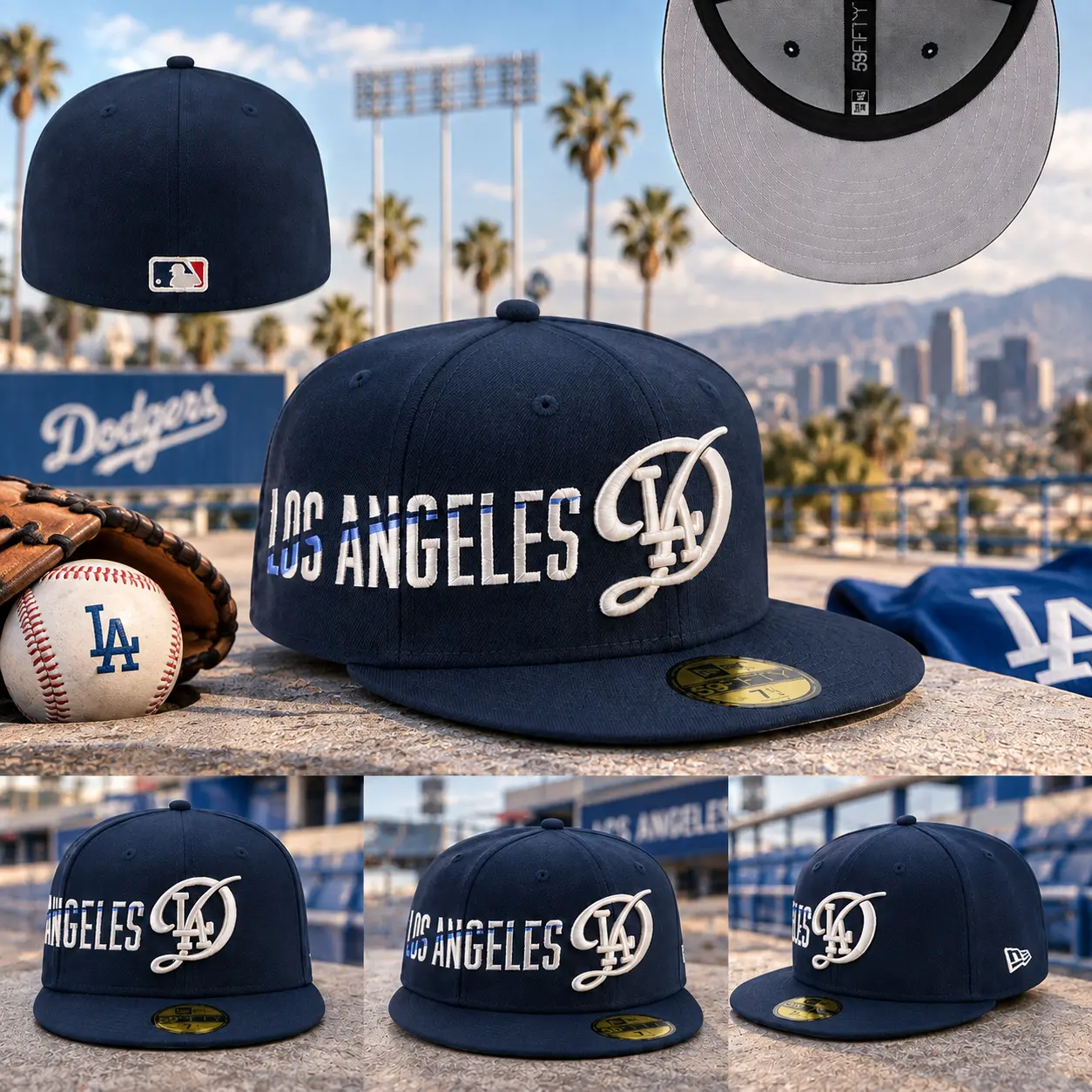 Los Angeles Dodgers Navy Fitted Baseball Hat – Embroidered LA Script Flat Brim Cap