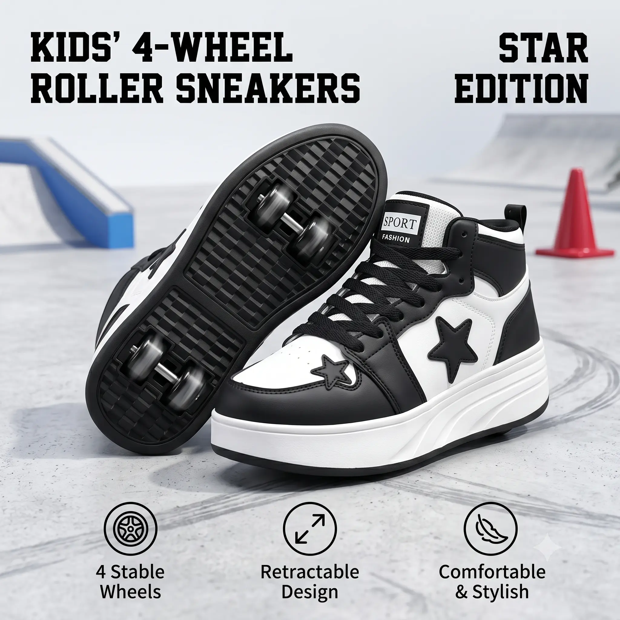 PU Lace Up Round Toe Platform Sneakers Footwear for Women 4-Wheel Hidden Roller Skate Shoes