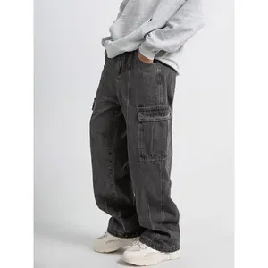 Men's Casual Jeans With Multiple Pockets, Straight Tube, Loose Fit, Slimming And Wide Leg Workwear Jeans, Street Hop, Street Dance, Skateboarding, Denim Pants
