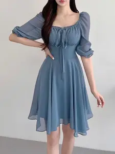 New French Square Neck Conservative Dress, Adjustable, Conceals Belly, Slimming, Reveals Collarbone, Puff Sleeve, Tie-Up Dress, Casual Wear, Women