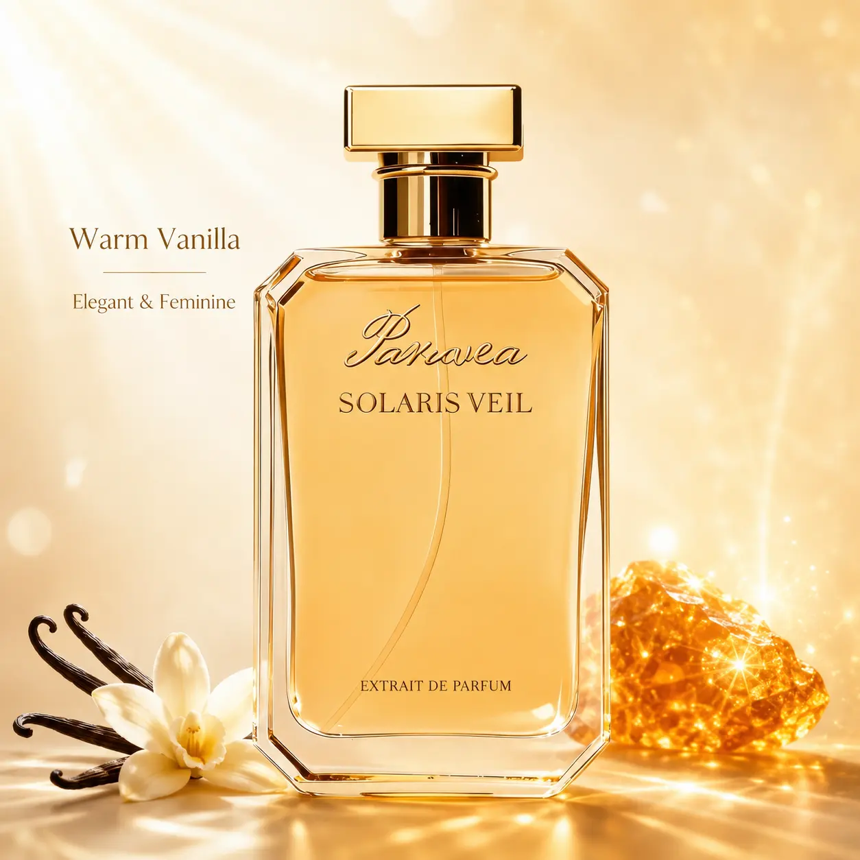 Paruvea Solaris Veil Extrait de Parfum | Warm Vanilla & Solar Amber Perfume for Women | Citrus Spice Gourmand Scent | Long-Lasting Skin Scent | 100ml 3.4 fl oz