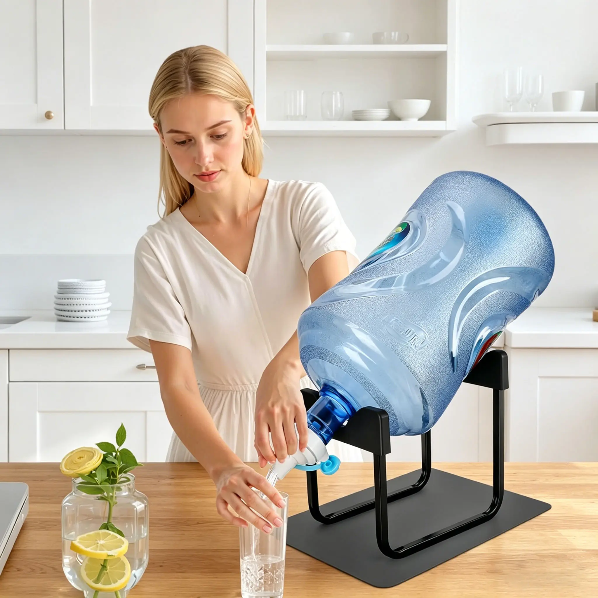 Water Bottle Storage Rack for Large Pure Water Buckets, Mineral Water Dispenser Pump, Bucket Water Stand with Upside Down Dispenser and Water Tap