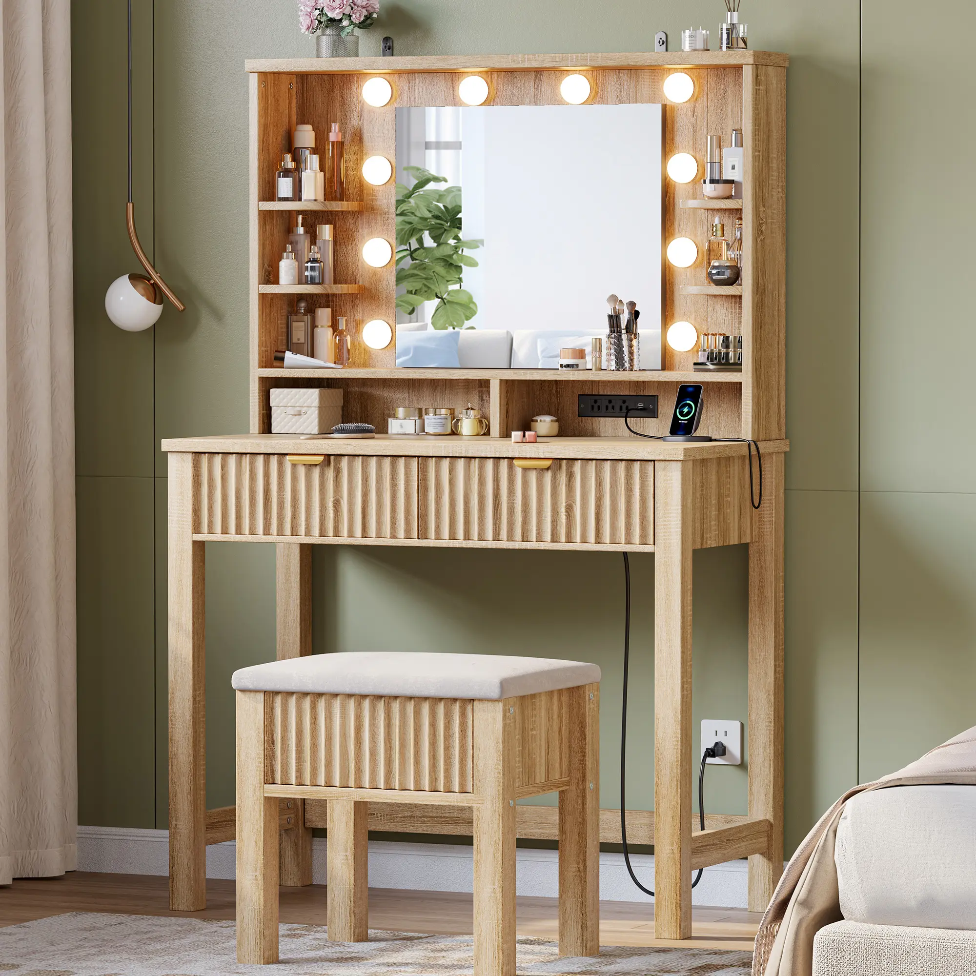 【With Stool】Hollywood Vanity Desk with HD Mirror and 3-Color Adjustable Lights, Luxury Makeup Vanity with Storage Stool, 2 Wood Drawers & Power Outlet, Small Vanity Table for Bedroom, Dressing Room White Light Wood