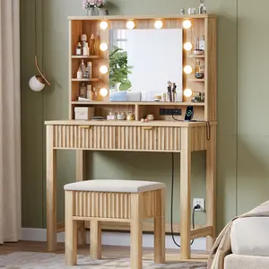 【With Stool】Hollywood Vanity Desk with HD Mirror and 3-Color Adjustable Lights, Luxury Makeup Vanity with Storage Stool, 2 Wood Drawers & Power Outlet, Small Vanity Table for Bedroom, Dressing Room White Light Wood
