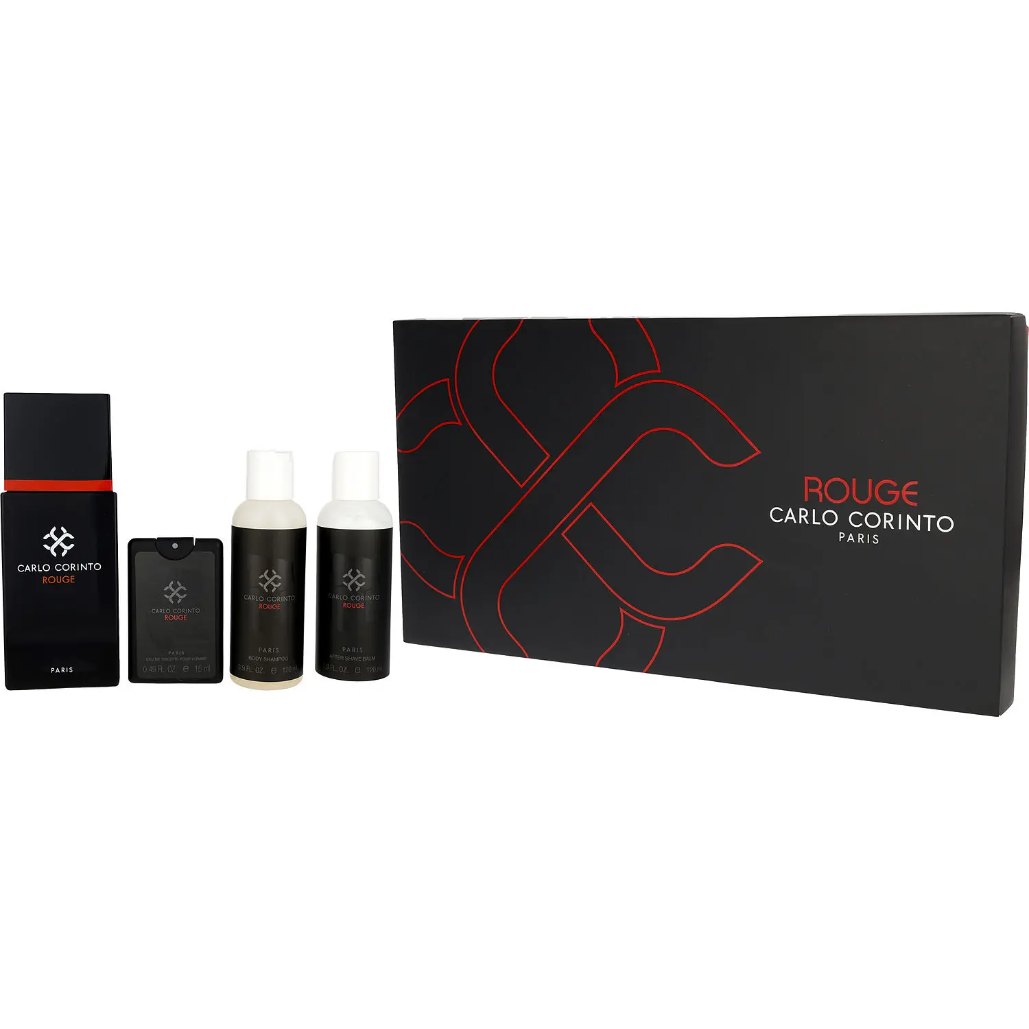 Carlo Corinto Rouge Set-Edt Spray 3.4 Oz & Aftershave Balm 3.9 Oz & Body Shampoo 3.9 Oz & Edt Travel Spray 0.5 Oz Mini For Men