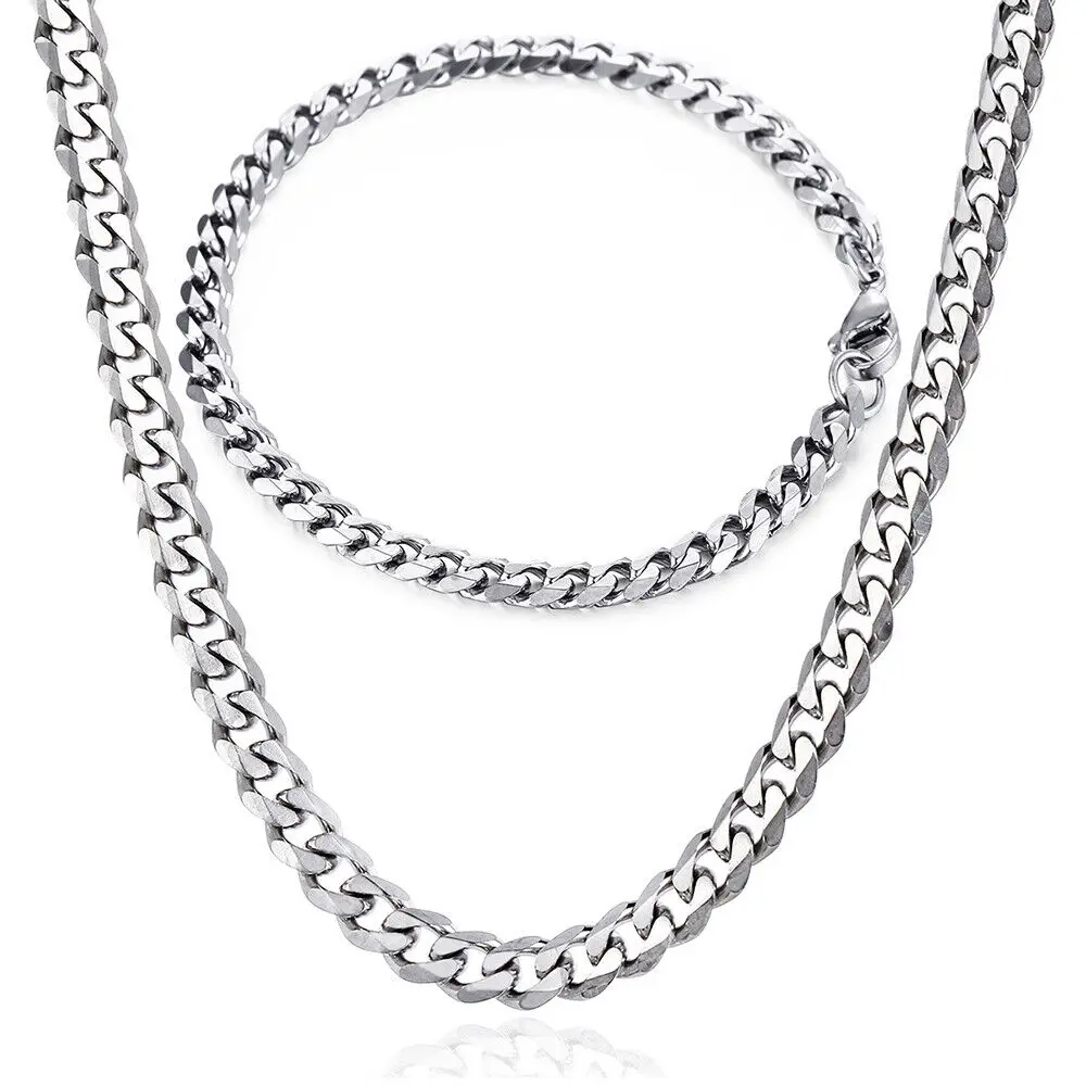 Hermah 5mm/7mm Bracelet Necklace Jewelry Set For Men Boys Stainless Steel Cuban Chain 8inch 20inch Party Hiphop Gifts