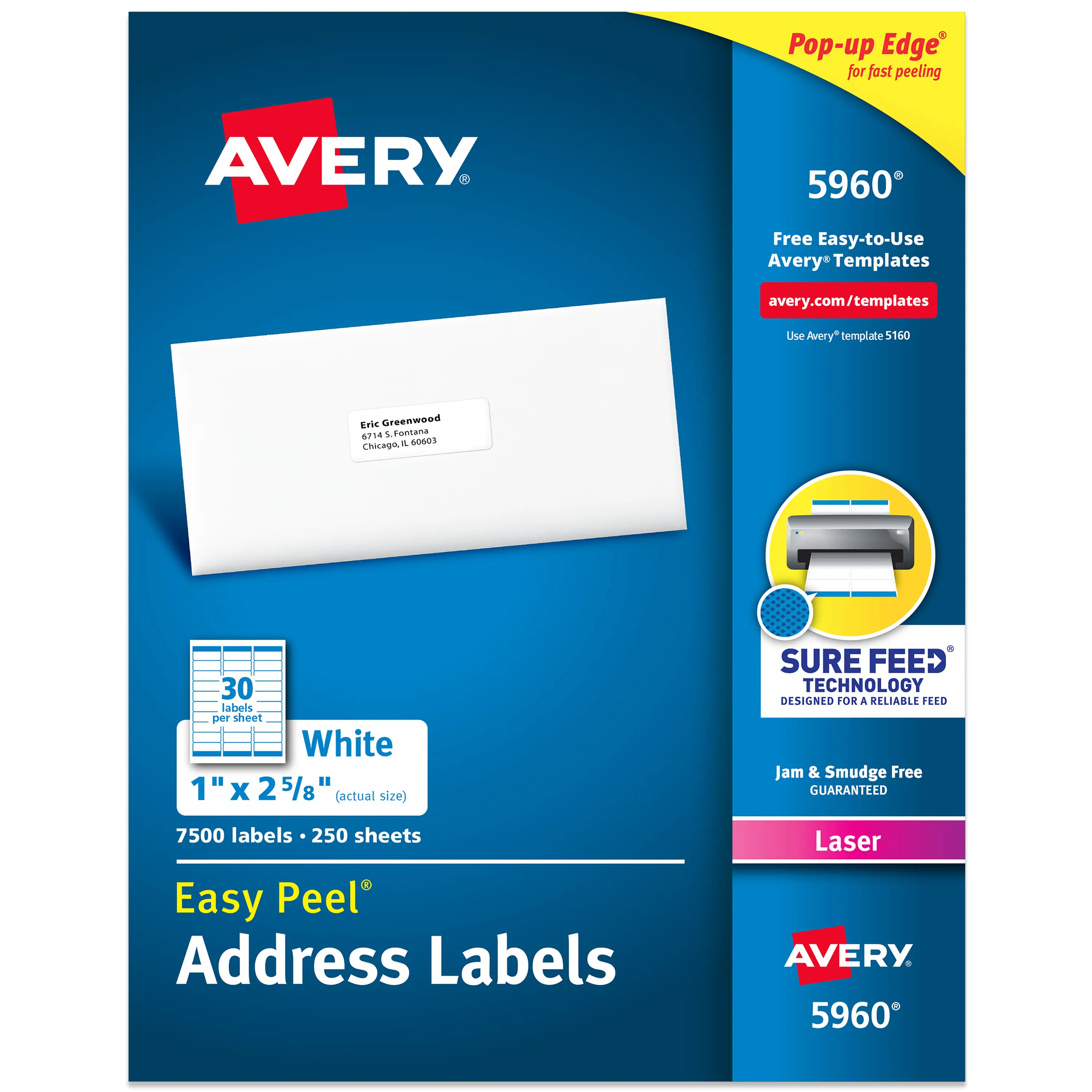 Avery Easy Peel Printable Address Labels with Sure Feed, 1" x 2-5/8" Customizable Stickers, White, 7,500 Blank Mailing Labels (5960)