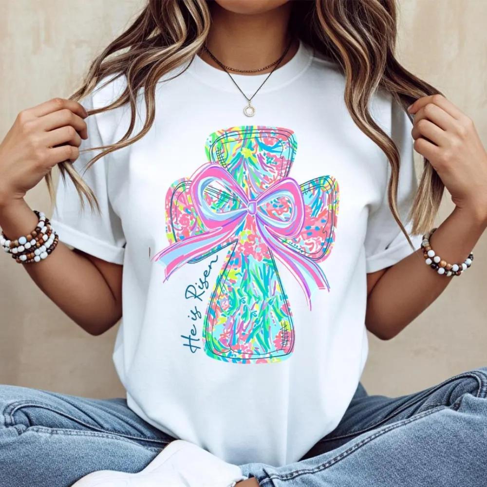 Casual Cotton Short Sleeve Round Neck TShirt with Vibrant Cross and Bow Design Featuring  He Is Risen Printed Graphic Tee Made in the USA Machine Washable