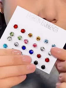 24pcs Sparkling Multicolor Glass Elegant Rhinestone Stud Earrings Set - Stainless Steel Posts, Assorted Colors, Ideal for Vacation, Parties & Daily Wear, Novelty Earrings for Women