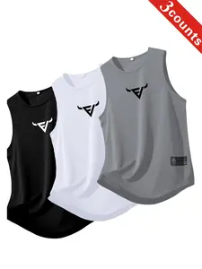 3-Pack Men's Sporty Vest, Quick-Dry Breathable Sleeveless Shirt, Ideal for Gym, Running, Basketball, Lightweight Polyester Print, Fitness Wear