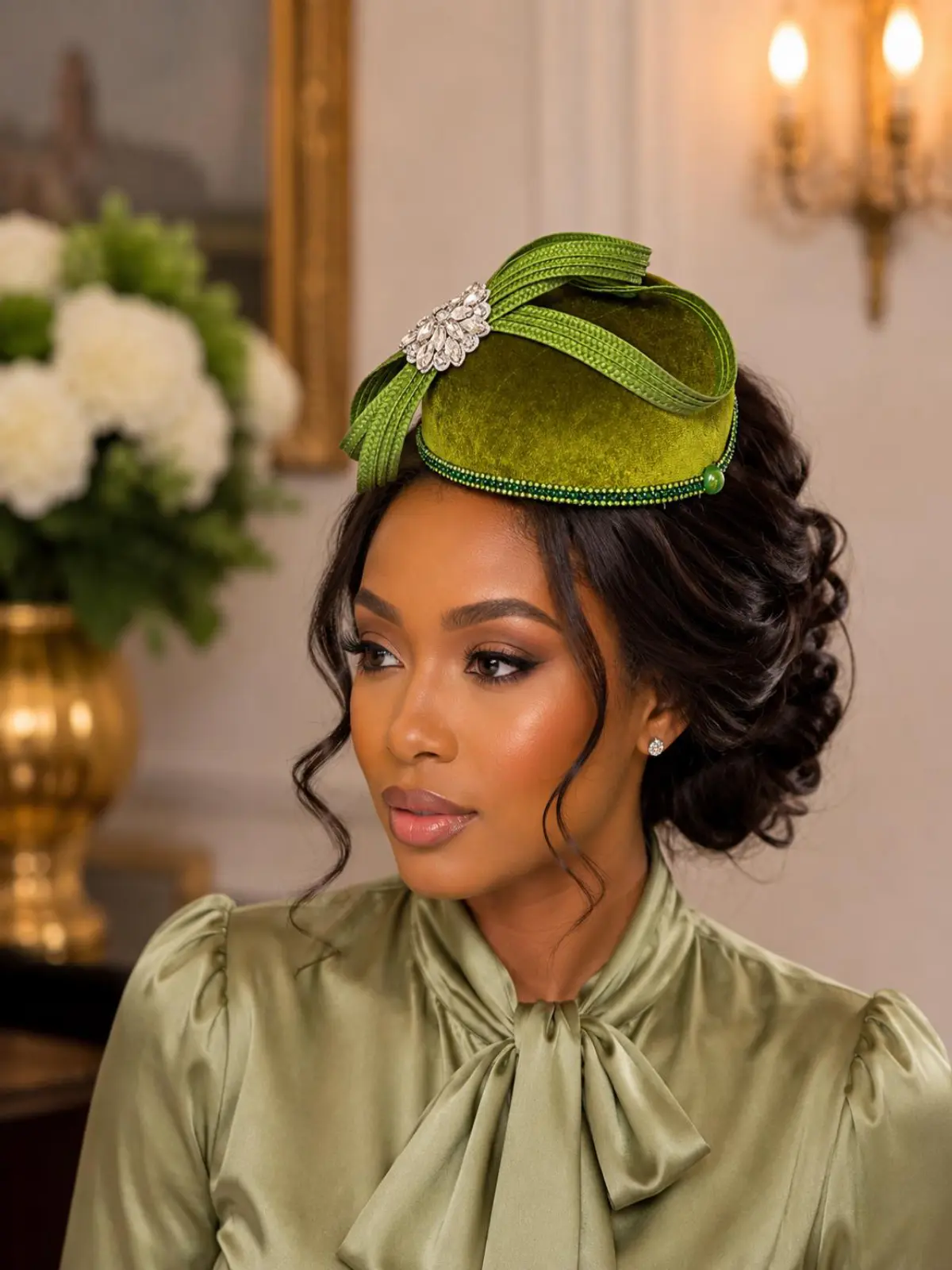 Elegant Olive Green Rhinestone Fascinator Hat – Church Hat, Tea Party Hat, Kentucky Derby Headpiece