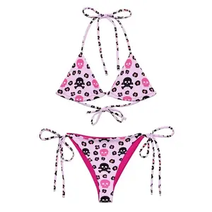Pink Skull Adjustable Bikini, Leopard Print Gothic Swimsuit
