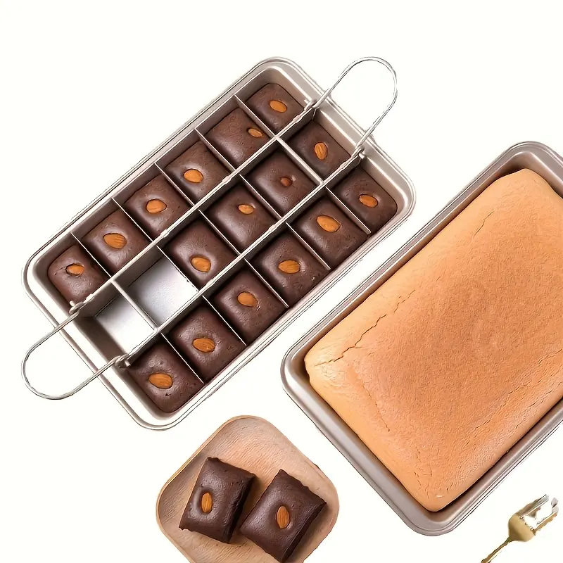 1 pre-sliced brownie baking pan separated by a removable grid, non-stick carbon steel baking utensils, easy to make neat and cute brownie pieces, perfect for Christmas, Halloween and Thanksgiving desserts