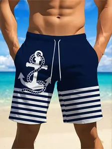 Summer Men's Nautical Anchor Stripe Drawstring Shorts, Breathable Fabric, Loose Fit, Adjustable Waist, Trendy, Beach & Casual Wear
