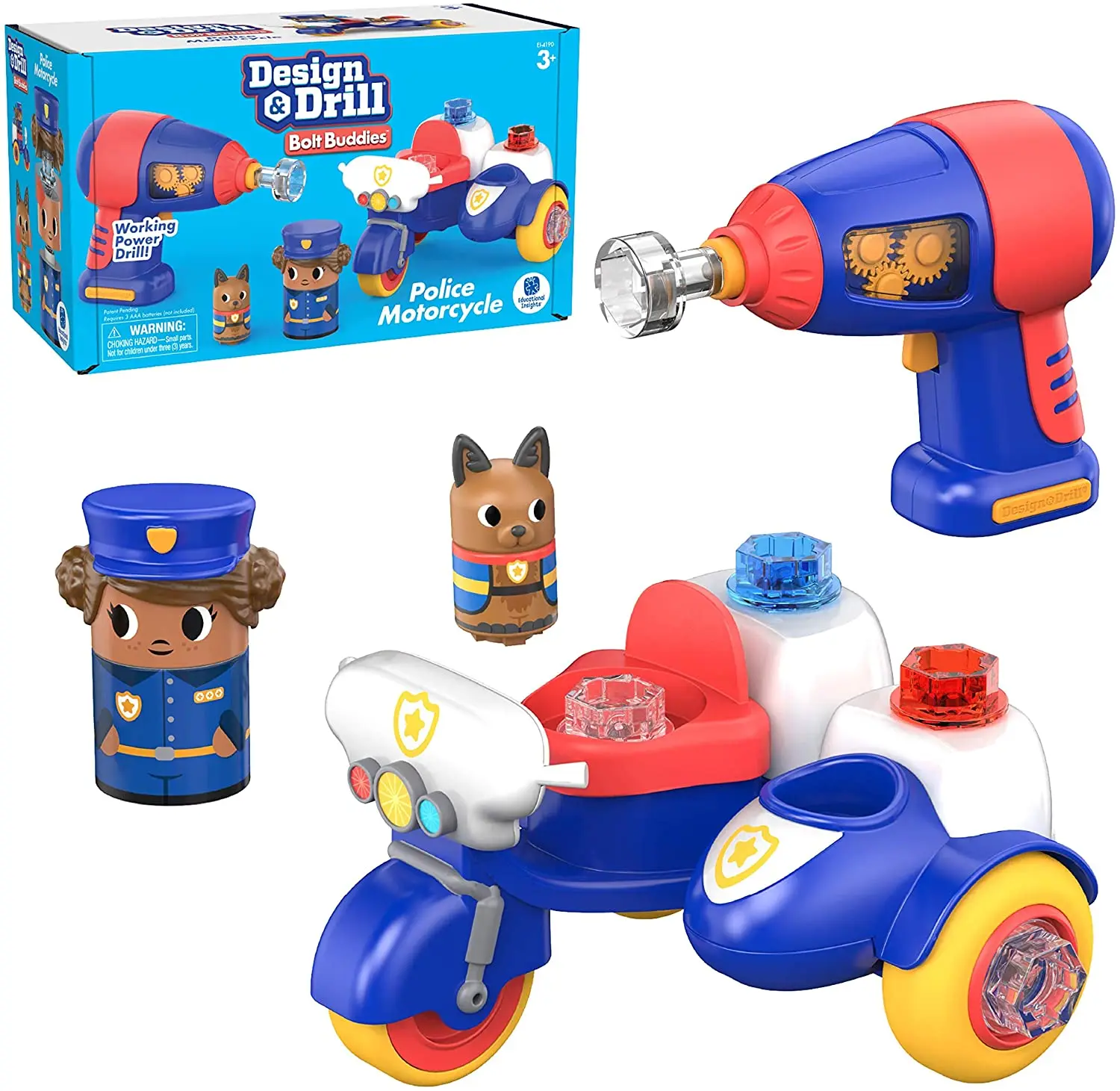 Educational Insights Design & Drill Bolt Buddies Police Motorcycle Toy, Take Apart Toy with Electric Drill Toy, STEM Toy, Gift for Boys & Girls, Ages 3+