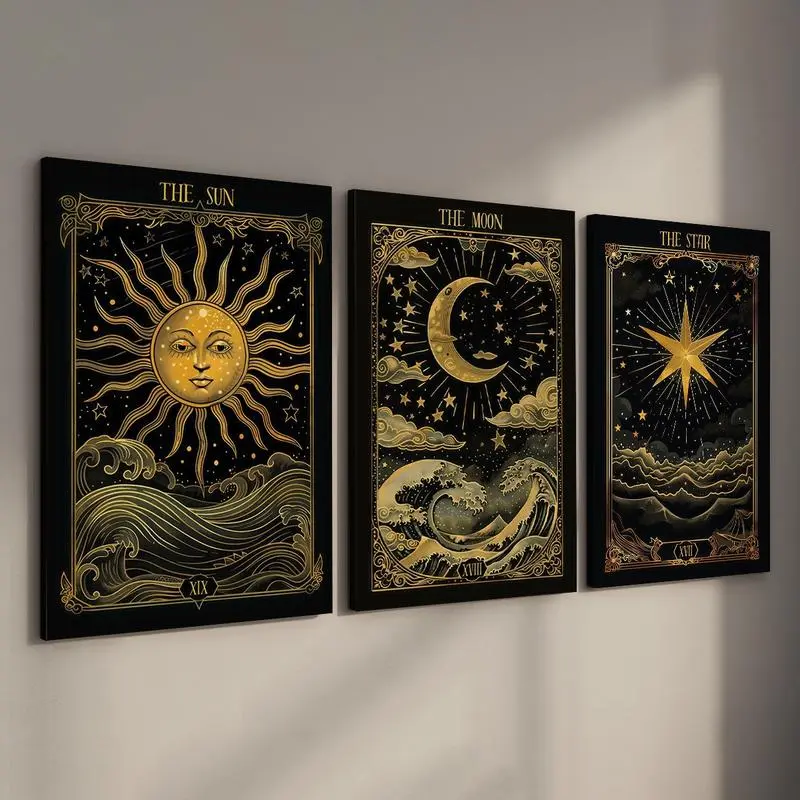 3Pcs/Set Framed Vintage The Sun The Moon The Star Golden Tarot Card Print Wall Art, Witchy Canvas Posters, Graphic Prints, Ready To Hang, Artwork Wall Decor For Gift, Living Room, Bedroom, Home & Dormitory