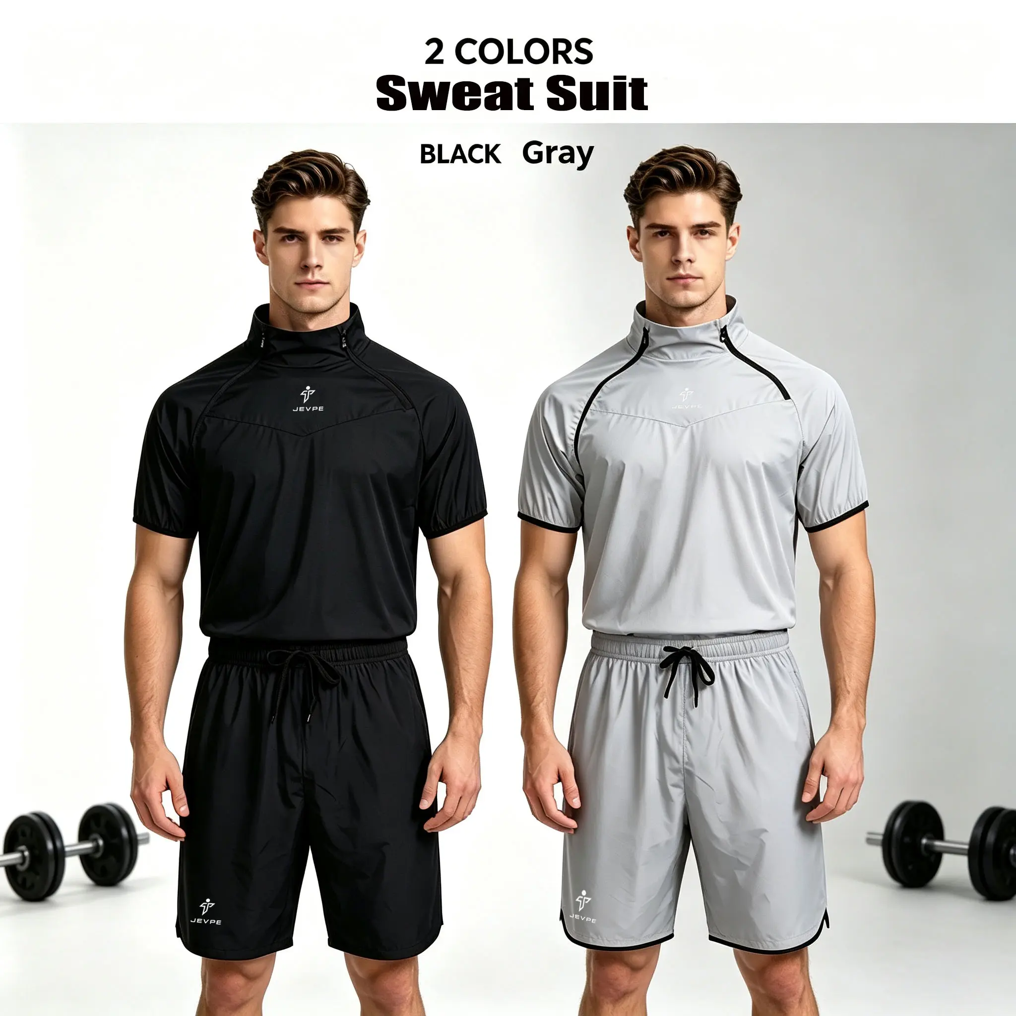JEVPE Unisex 2-Piece Sauna Sweat Set - Long-Sleeve or Short-Sleeve Top + Shorts, Breathable Moisture-Wicking Heat-Retention Outfit for Boxing, Gym Training, Long/Short
