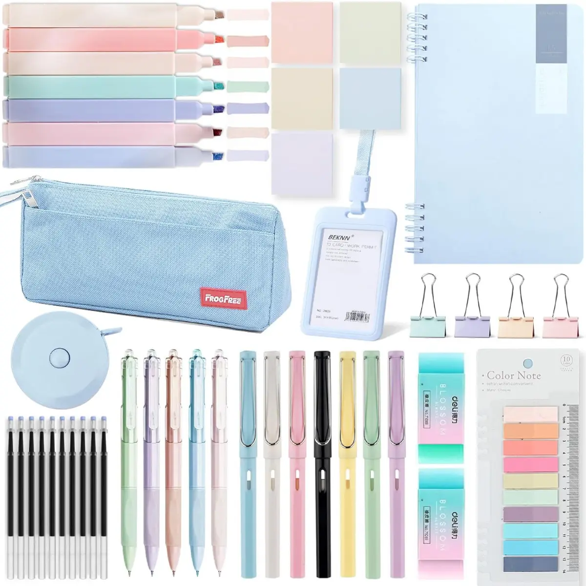 45PCS Morandi Color School & Office Stationery Set - Kit with Notebook, Rollerball Gel Writing Tools, Pencil Case, ID Badge Holder, Fluorescent Markers, Pencils, Erasers, Clips, Tape Measure, Refills