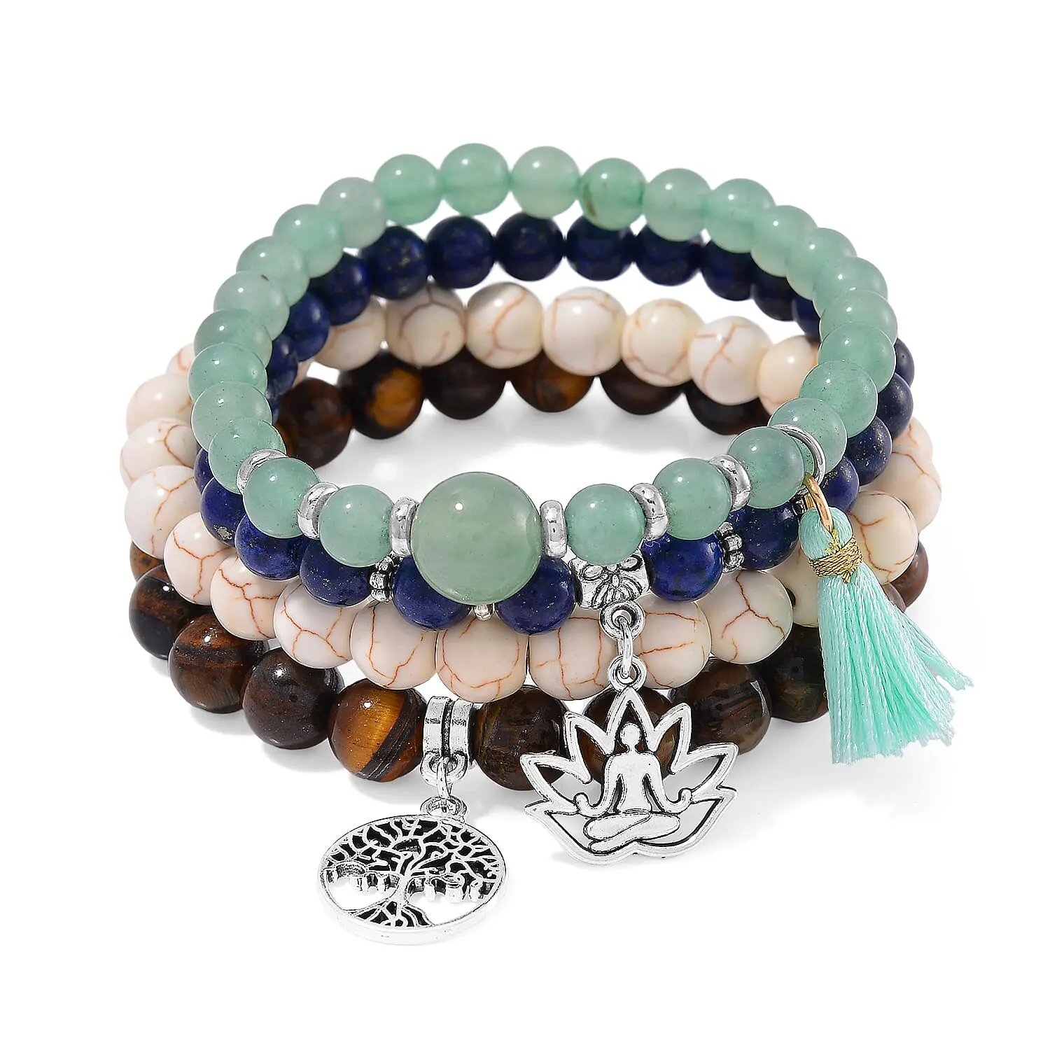Set of 4 Multi Gemstone 312.00 ctw Beaded Bracelet with Tree of Life and Rose Charm in Silvertone (6.5-7In)