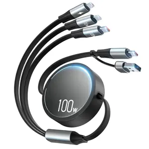 SQ-APT011 100W Retractable USB C Cable, 6-in-1 Multi Charging Cable, USB A/C 5A Fast Charger Cord for Multiple Devices with Type C/L/Micro Ports for Phone 16 15 14 Pro Max, S24/S23, McBook, Pad (3.6ft)