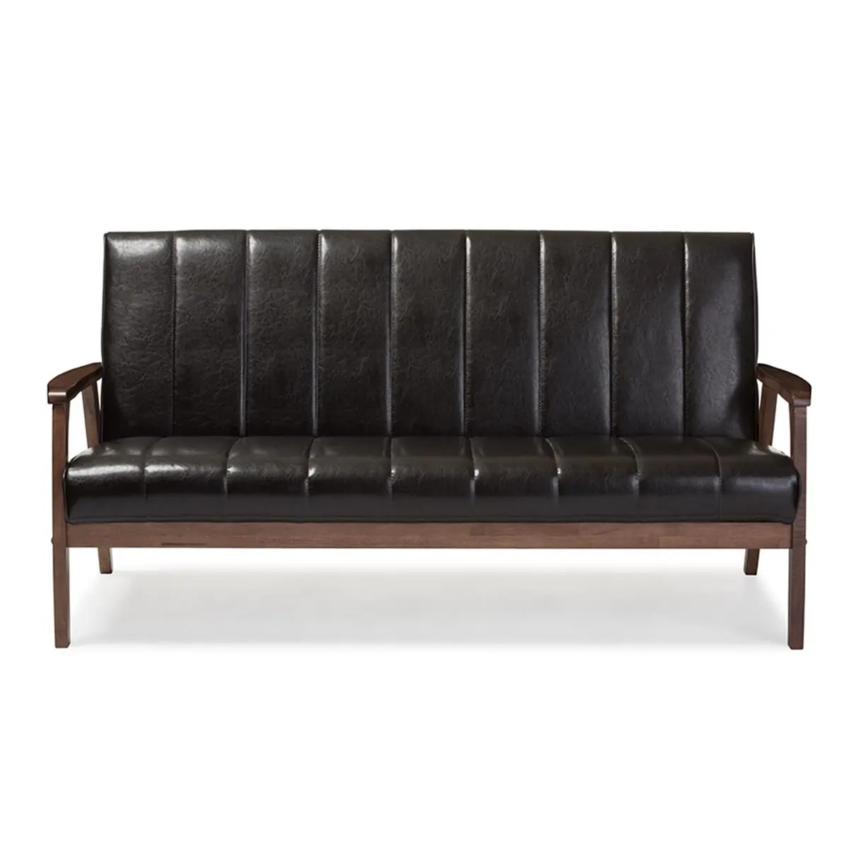 Baxton Studio BBT8011A2-Brown Sofa Nikko Mid-Century Modern Scandinavian Style Dark Brown Faux Leather Wooden 3-Seater Sofa - 31.59 x 63.38 x 29.45 in.