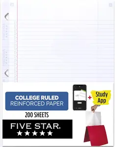 Five Star College Ruled Reinforced Loose Leaf Paper 8-1/2" x 11" 200 Sheets with Study App for Students