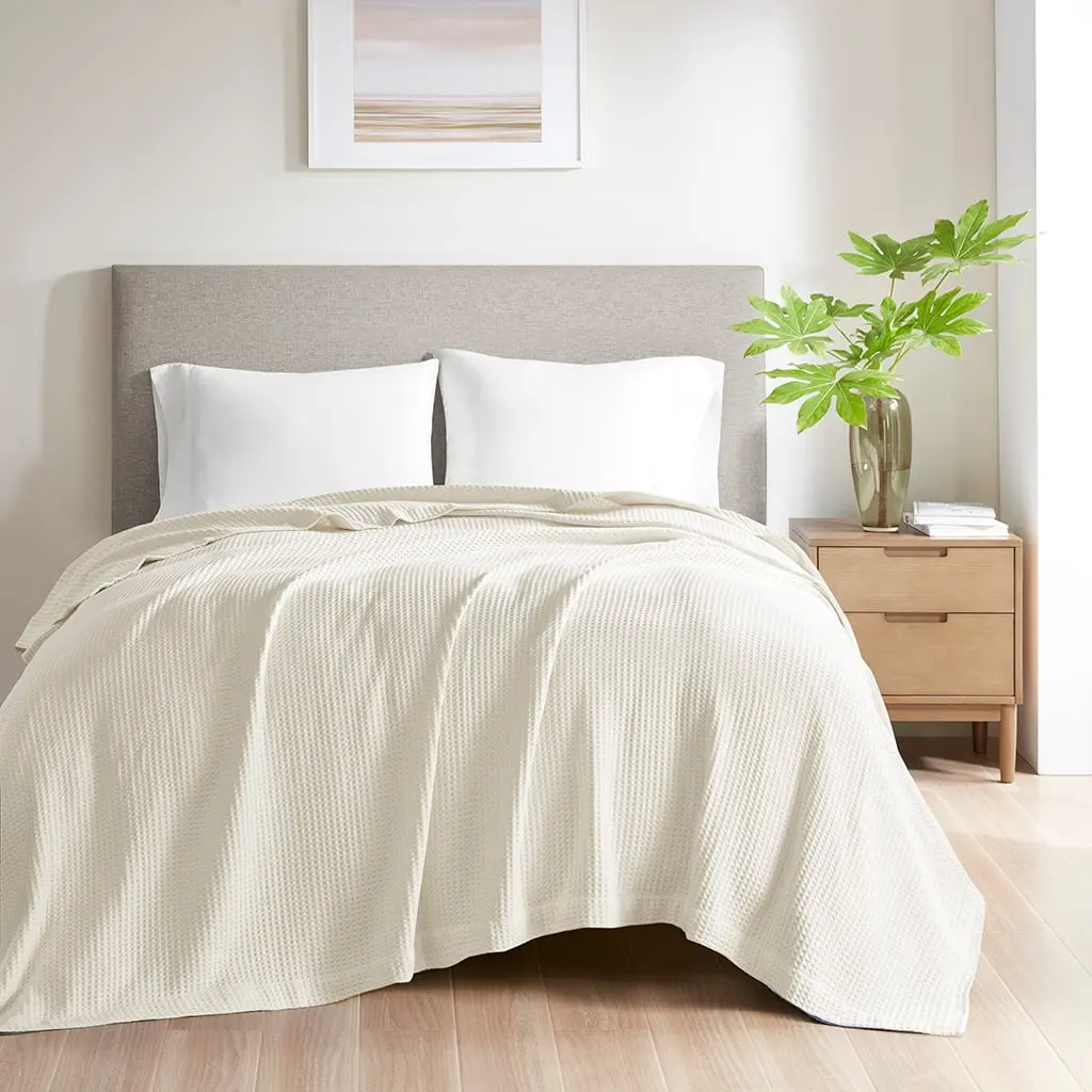 Beautyrest BR51N-3826 Chemical Free Cotton Waffle Weave Bed Warmer Blanket - Breathable Fabric, Ivory, 90x90x0.25 in, Full & Queen Size, Bed Warmer Blankets, Breathable Fabric Blankets