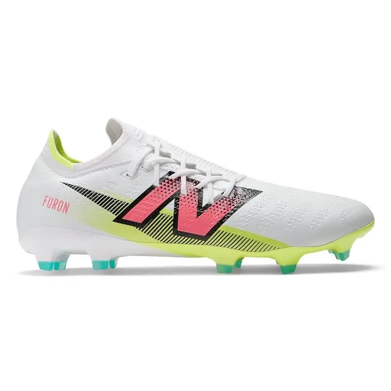 New Balance Furon Pro FG V7 White Hi-Lite Neon Pink Firm Ground Soccer Cleats Football Boots Lightweight Speed Shoes Lace-Up Elite Performance Cleats Synthetic Upper TPU Outsole Natural Grass Soccer Shoes Adult Unisex Football Boots