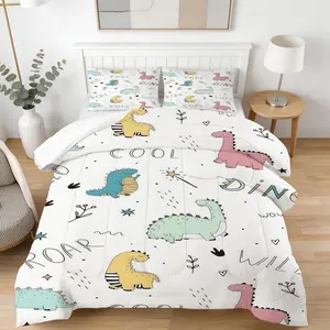Cute Cartoon Dinosaur Comforter Set, 2/3 Pieces (1 Comforter + 1/2 Pillowcases), Soft Warm Microfiber, Pastel Dino & "Cool Dino" Print, Playful Kids Bedding Set for Boys Girls Bedroom, Ideal Gift for Toddlers, Dinosaur Print Blanket