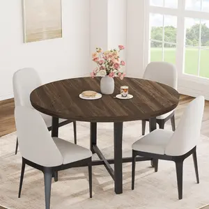 47" Round Dining Table for 4, Kitchen Dinner Space Saving Wooden Circle Table with Sturdy Metal Frame Support for Dining Room Kitchen Apartment Small Space
