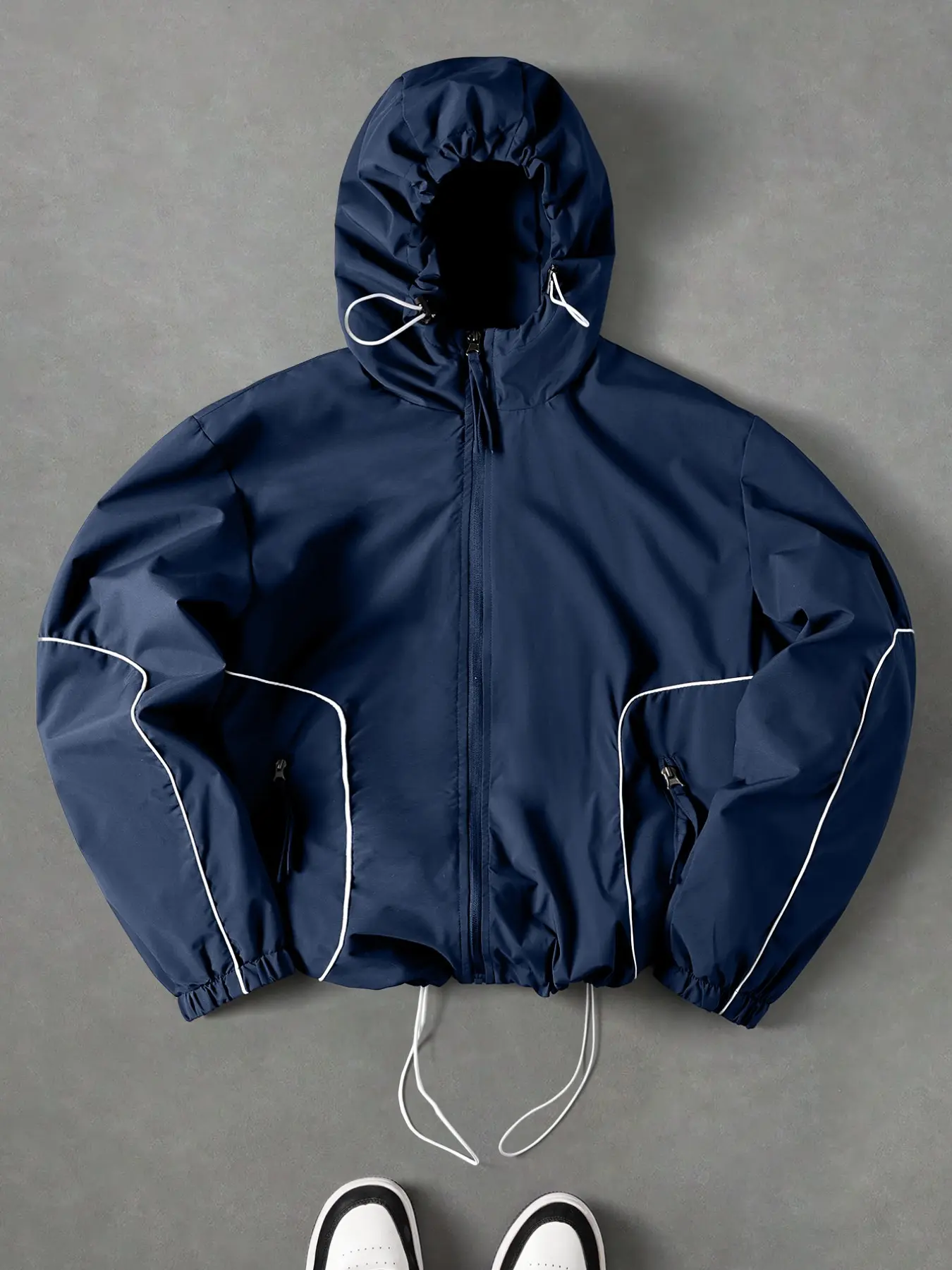 Men's Decorative Line Hooded Functional Jacket, Lightweight Waterproof Fabric, 3D Pockets, Outdoor Hiking, Daily Commute, Multiple Sizes Available