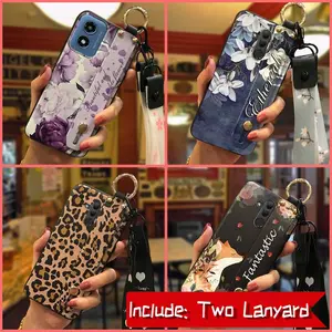 Phone Holder Durable Phone Case For MOTO G Play 2024/4G/5G Flower Waterproof Wrist Strap Shockproof Dirt-resistant Anti-dust protective Fashion Design Lanyard Wristband Soft case