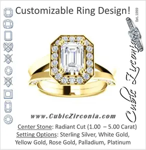 Cubic Zirconia Engagement Ring- The Jocelyn (Customizable Halo-Enhanced Radiant Cut featuring 3-side Accented Split-Band)
