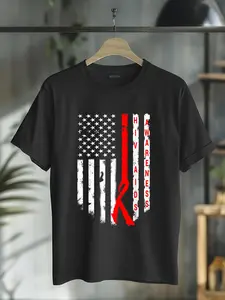 100% Cotton Unisex Hiv Aids Awareness T-Shirt American Flag Red Ribbon Tee