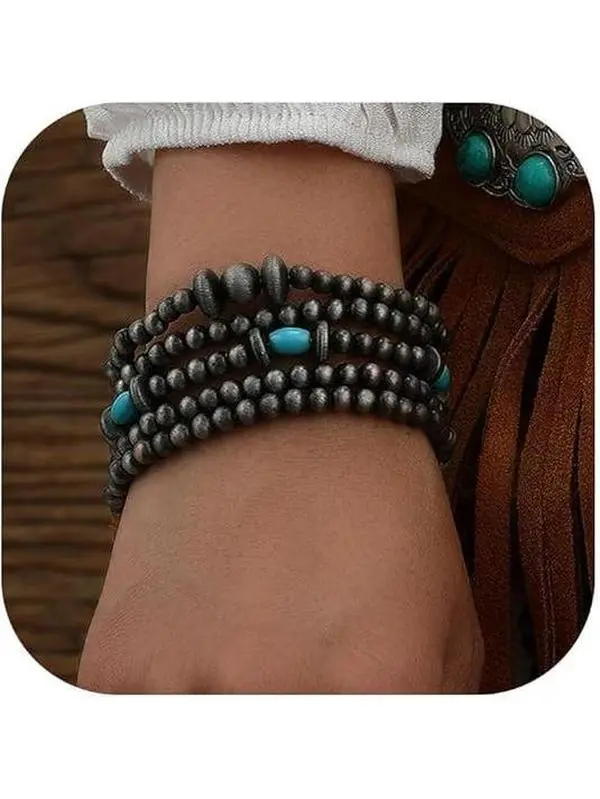 GleamJoy B Women's Navajo Pearl Beads Bracelet with Turquoise, Native American Western Costume Jewelry for Female Everyday Wear