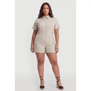 Plus Size Solid Button Front Short Sleeve Romper