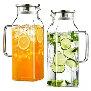 2 Pack 2 Liter/68 oz Square Glass Pitcher with Lid, Classic Stripes Water Pitchers with Handle for Fridge, Large Jug for Iced Tea, Coffee, Borosilicate Glass Carafe Infuser for Fridge Hot/Cold Drinks