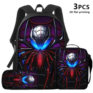 3Pcs Spider Hero Print Backpack Set Durable 600D Oxford Cloth School Bag Insulated Lunch Box & Pencil Case Combo Adjustable Breathable Strap Large Capacity Fits 15in Laptop for Kids Teens School Travel Outdoor Use