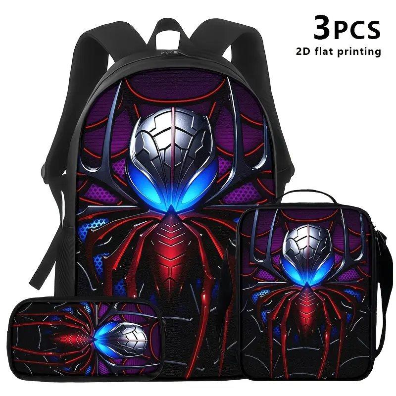 3pcs Backpack Set, Unisex Large Capacity Backpack with Cool Red and Blue Big Spider , Adjustable Shoulder Straps, Zipper Closure.The 3pcs Set Includes a Backpack, Crossbody Bag, and Storage Pouch.Essential Backpack
