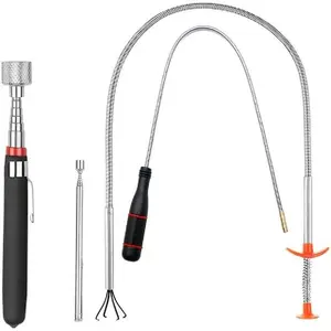 4 Pack Telescoping Magnet Pick-up Tool Set - Retrieving Pickup Tools, Extendable Pick Up Tools, Bendable Spring Magnet Stick, Flexible Extra Long Reach Bendable Curve Grabber with 4 Claws