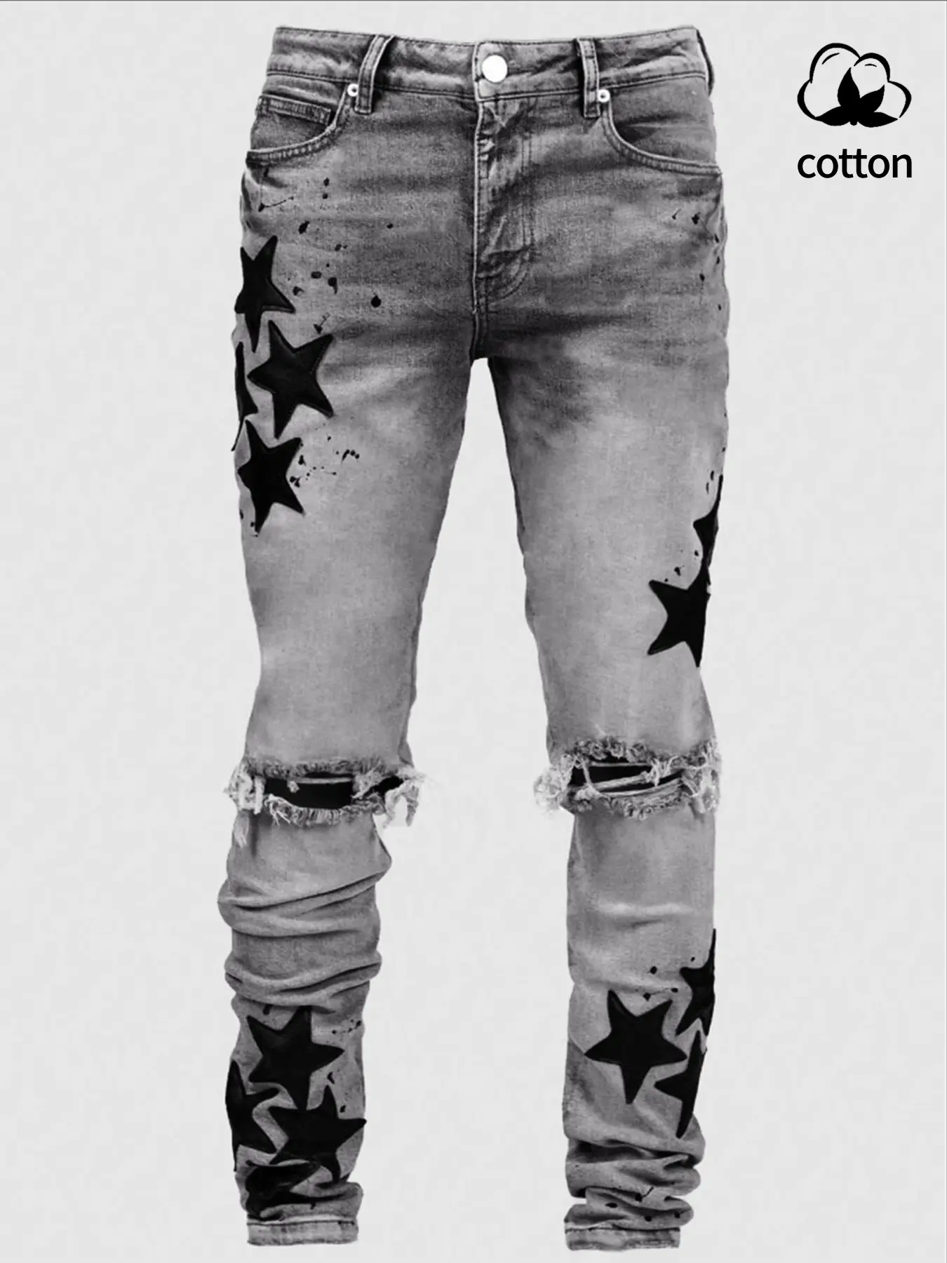 Men's Ripped Slim Fit Jeans, High-Waisted Casual Denim Jeans, Street Style Streetwear Distressed Design, Zipper Fly Closure, Pocket, All Seasons Wear, Pants