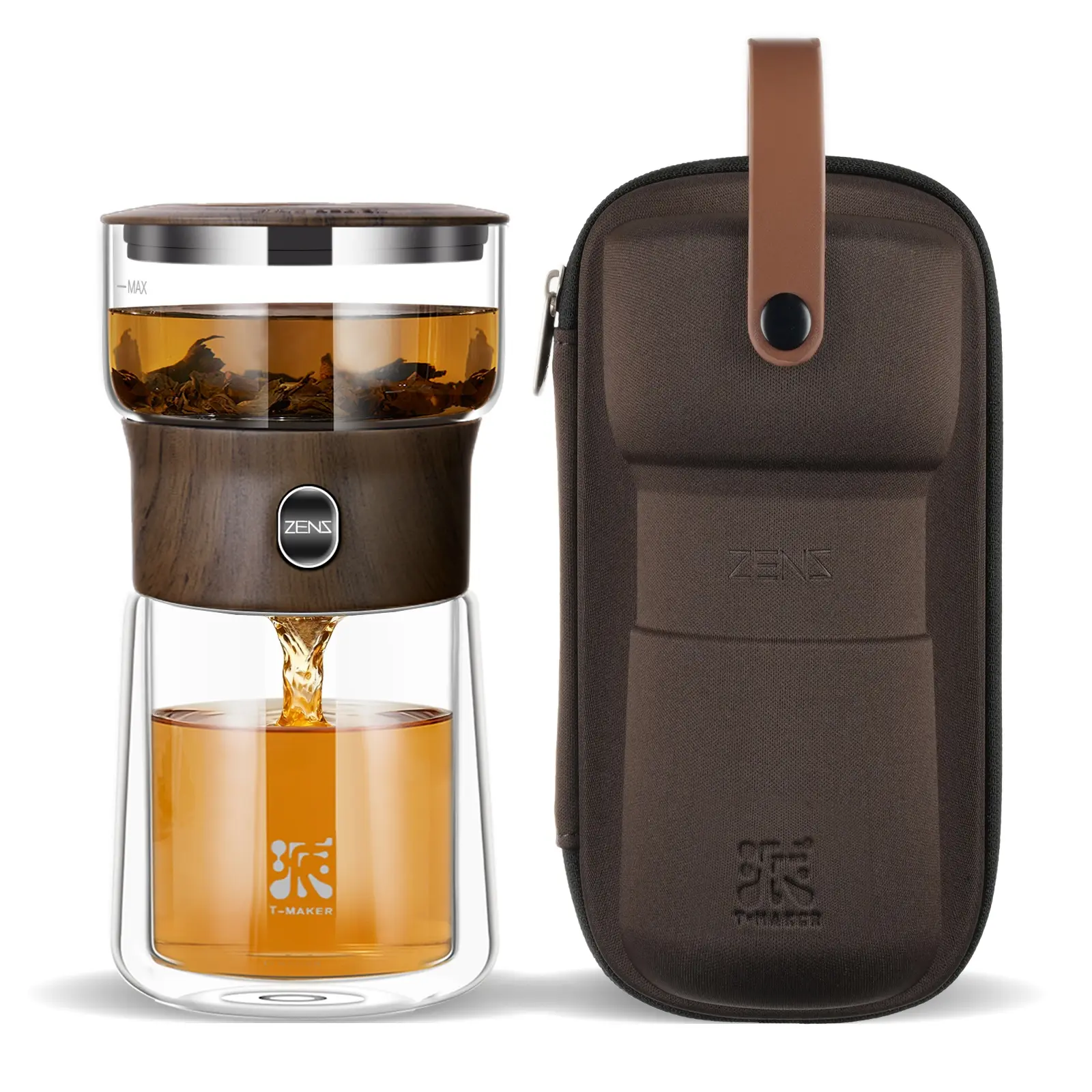 ZENS One-Touch Glass Tea Steepr Set | Modern Borosilicate Glass Tea Infuser + Travel Case | Easy Loose-Leaf Brewing, Ideal Gift for Tea Lovers