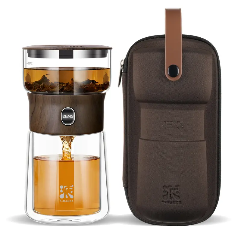 ZENS Small Glass Teapot with Loose Tea Infuser - 1-Touch Kitchenware Maker, 6.7oz Double-Walled Anti-Scalding Walnut Cup, Portable Diffuser for Office Daily Tea Enjoyment, Herbal Lover Gift for All Seasons