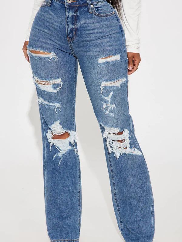 Posted Stretch Ripped Straight Leg Jeans - Medium Wash