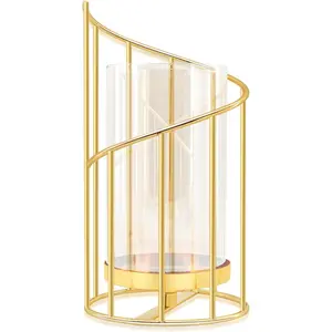Hurricane Candle Holder, Gold Glass Pillar Candle Holders with Clear Glass Sleeve - Elegant Centerpiece for Weddings, Dinners, Party Decor