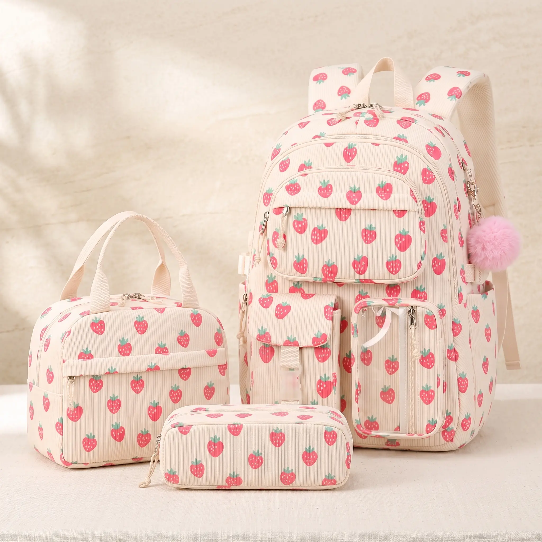 Cute Strawberry Corduroy Backpack for School Girls, Ultra-Light, Wear-Resistant, Load-Reducing Trendy Double-Shoulder Bag with Fresh Sweet Style Cream Pink Bow