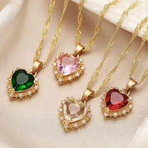 Luxury Red Sapphire Rhinestone Fashion Jewelry Gold Plated Necklace for Women for Daily Wear and Gift